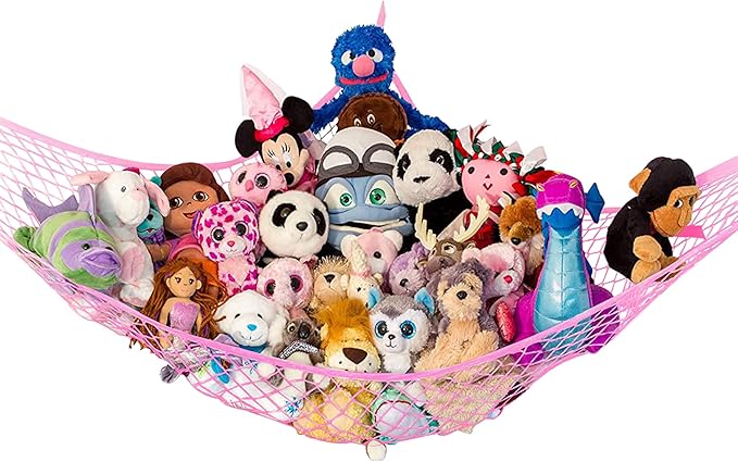 Lilly's Love Stuffed Animal Hammock | Corner Hanging Organizer, Toy Storage, Stuffed Animal Storage Net | Made From Quality Fishing Net, Holds 12lbs | 67"x47"x47" (Pink)