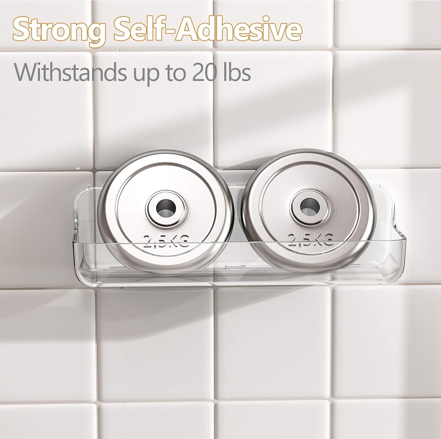 UDD Acrylic Shower Caddy Adhesive Shelf, 2pc Plastic Shower Organizer with Self Adhesive Tape, No Drilling Clear Wall Mount Shower Shelves for Bathroom Kitchen, Clear