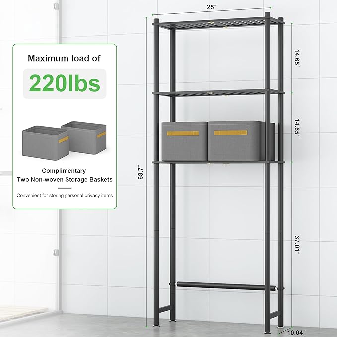 Over the Toilet Storage Cabinet Above Toilet Bathroom Organizer with Toilet Paper Holder Stand Bath Organizer with Adjustable Shelves & Acrylic Doors,Anti-Tip Device (Black, 3 Tiers)