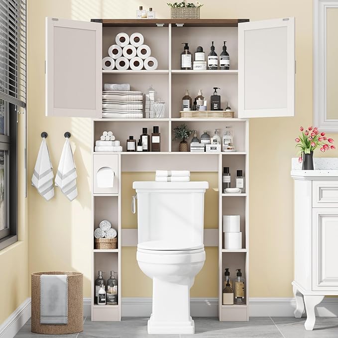 Over The Toilet Storage Cabinet, Farmhouse Storage Cabinet Over Toilet with 2 Barn Doors ,Toilet Paper Holder Stand,Home Space-Saving Toilet Rack, for Laundry, Restroom, Bathroom