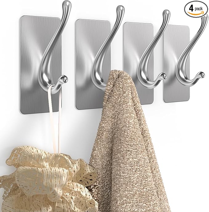 Towel Hooks, Solid Alloy Adhesive Wall Hooks for Hanging, Towel Hooks for Bathroom, RV, Kitchen, Closets, etc (Silver, 4 Pack)