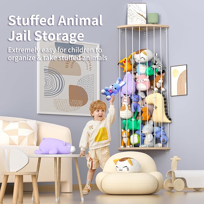 Stuffed Animal Storage & Toy Storage Organizer – Wooden Corner Hammock Shelf for Stuffed Animal Hammock Corner, Nursery, Playroom, Bedroom. Versatile Toy Organizer with Zoo Pattern