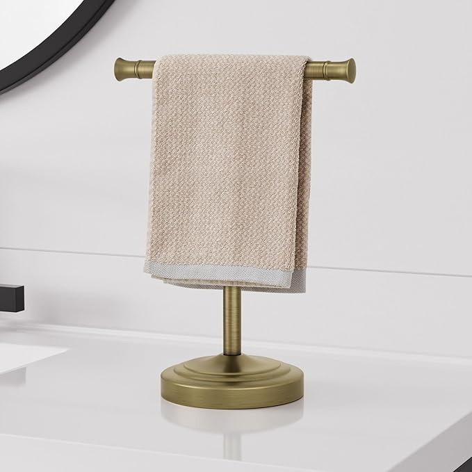 RUMOSE 13 Inch Antique Brass Towel Bar Stand Hand Holder Bathroom Kitchen Vanity Countertop T-Shape Towel Rack Free Standing Stainless Steel