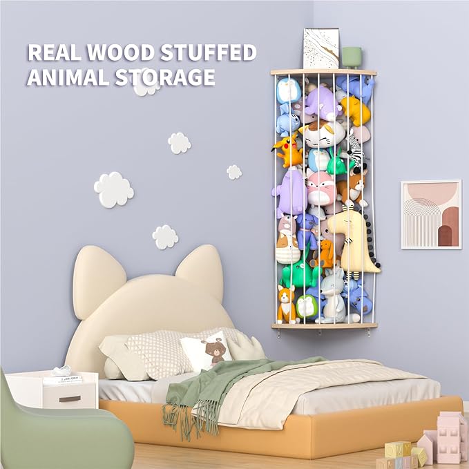 Stuffed Animal Storage & Toy Storage Organizer – Wooden Corner Hammock Shelf for Stuffed Animal Hammock Corner, Nursery, Playroom, Bedroom. Versatile Toy Organizer with Zoo Pattern