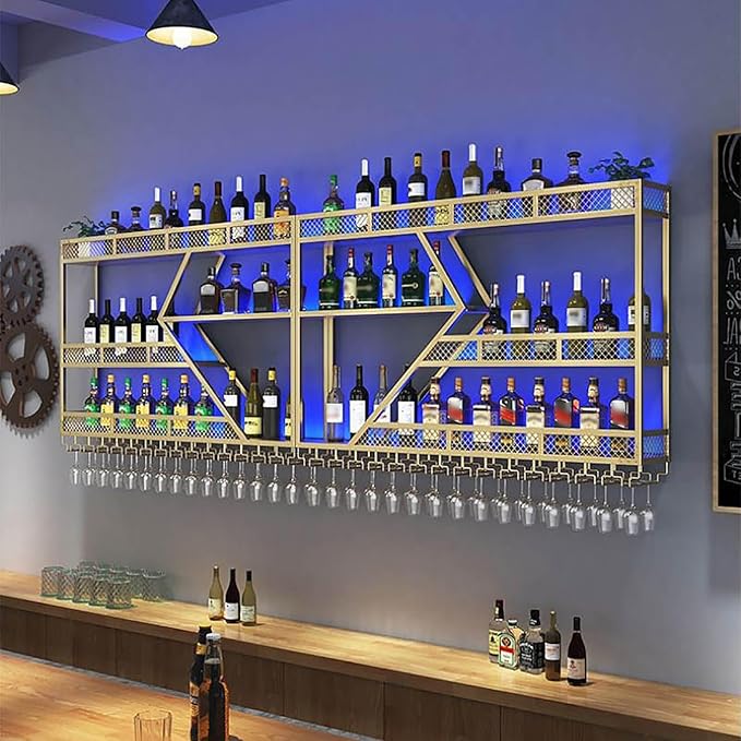 Wall Mounted Wine Rack, Large Metal Wine Bottle Holder, Modern Fashion Diamond Shaped Floating Bar Unit Wine Storage Shelves, for Home Restaurant Bars Decor (Gold, 3 Tier - 63in)