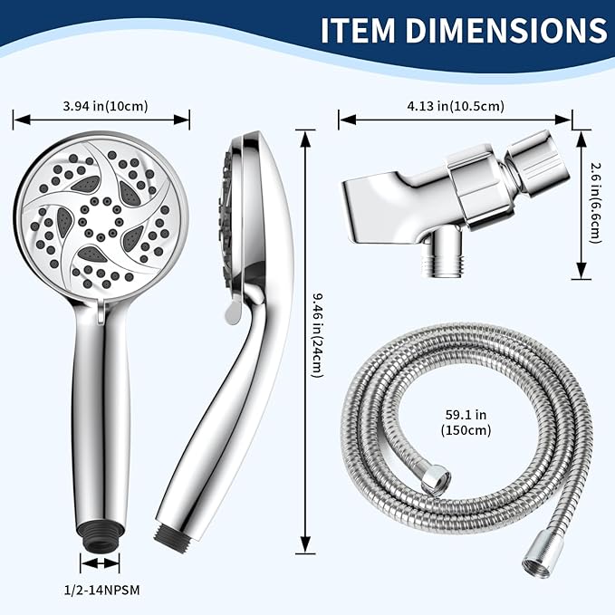 Hand Held Shower Head, High Pressure 6 Spray Mode Handheld Showerhead, Chrome Shower Head with 59 Inch Stainless Steel Hose and Adjustable Bracket