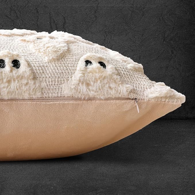 4TH Emotion Halloween Ghost Decorative Pillow Covers 16x16 Set of 2, Beige Soft Plush Faux Fur Farmhouse Throw Cushion Cases for Fall Autumn Holiday Home Decorations