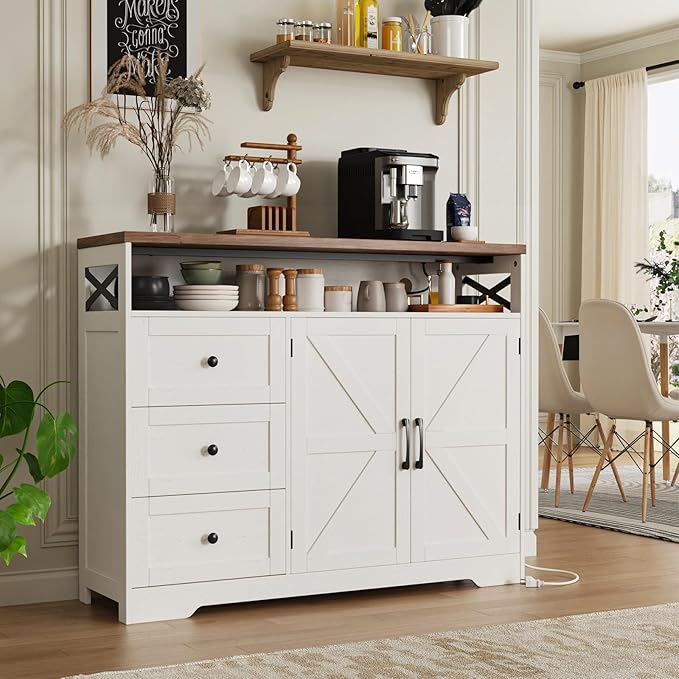 47" Antique White Storage Cabinet with Doors and Drawers, Farmhouse Sideboard Buffet Cabinet with Storage, Kitchen Pantry Hutch, Coffee Bar Station Table for Kitchen, Livingroom, Dining Room