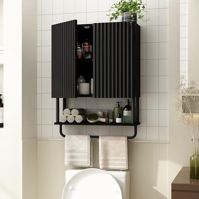 RUSTOWN Fluted Bathroom Wall Cabinet with 2 Doors, 3-Tier Modern Farmhouse Medicine Cabinet, Over The Toilet Storage Cabinet with Adjustable Shelf and Towel Bar (Black, Medium)