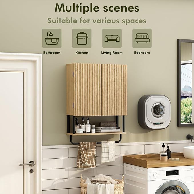 RUSTOWN Fluted Bathroom Wall Cabinet with 2 Doors, 3-Tier Modern Farmhouse Medicine Cabinet, Over The Toilet Storage Cabinet with Adjustable Shelf and Towel Bar (Natural, Medium)