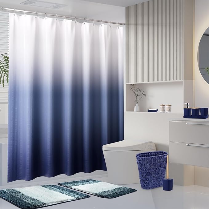 Navy Blue Bathroom Accessories Set with Wicker Trash Can Shower Curtain and Rugs,Bathroom Sets Small Waste Basket Bathroom Trash Can for Bedroom Bathroom