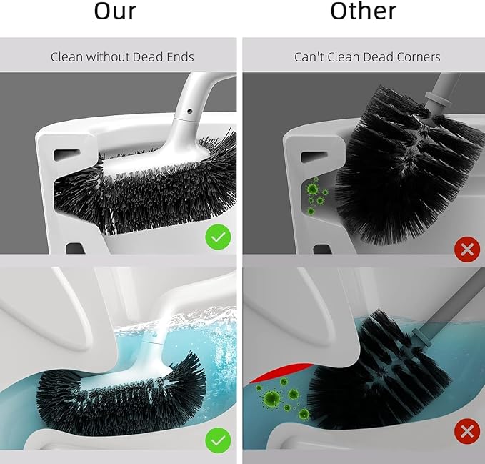 HAMITOR Toilet Bowl Brush Holder Set: 3 Pack Bathroom Deep Cleaning Toilet Cleaner Scrubber Under Rim with Curved Bristle for Dead Corner Clean - Hidden Rv Toilet Decorative Accessories with Caddy