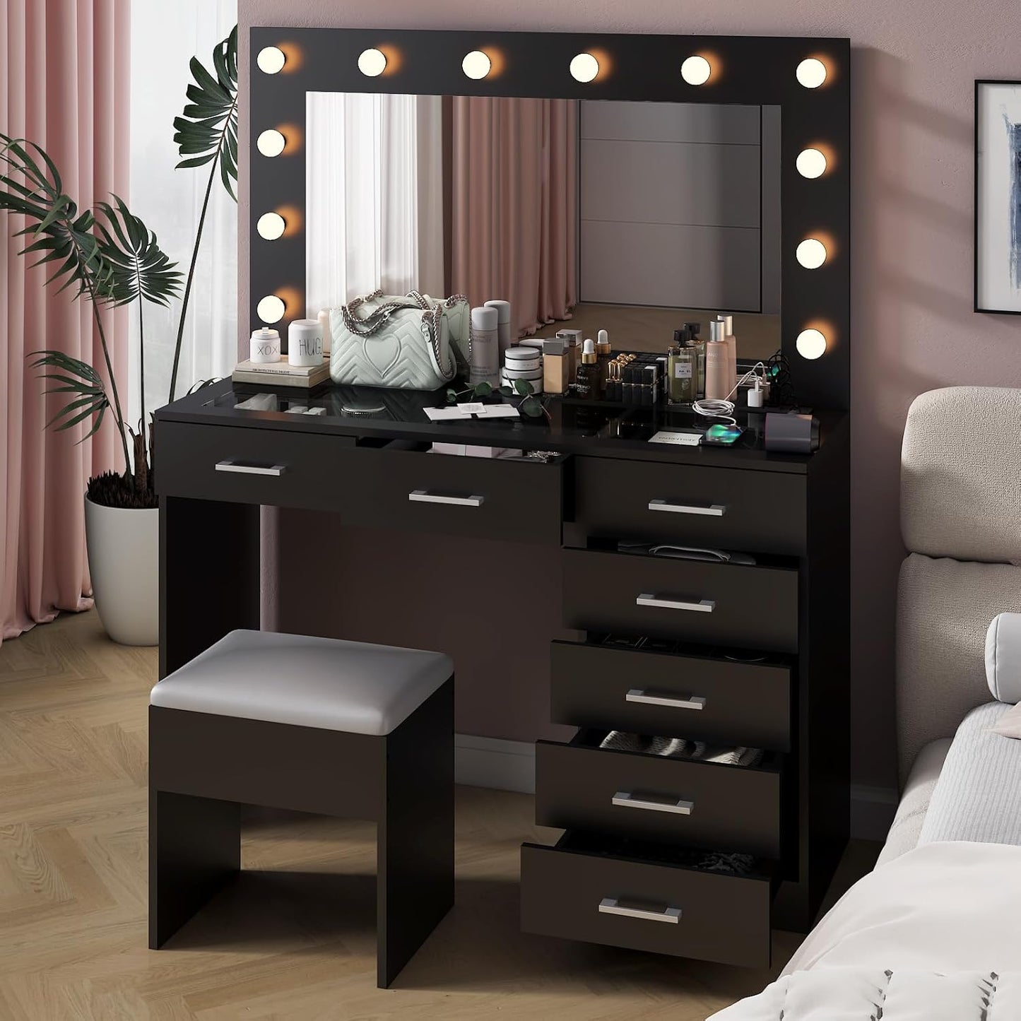 Karl home Vanity Desk with Large Lighted Mirror & Powre Outlet, Glass Tabletop Makeup Vanity Set with 7 Drawers, 45.3" Vanity Table with 3 Color Lighting Modes, Dressing Table for Women Girls, Black