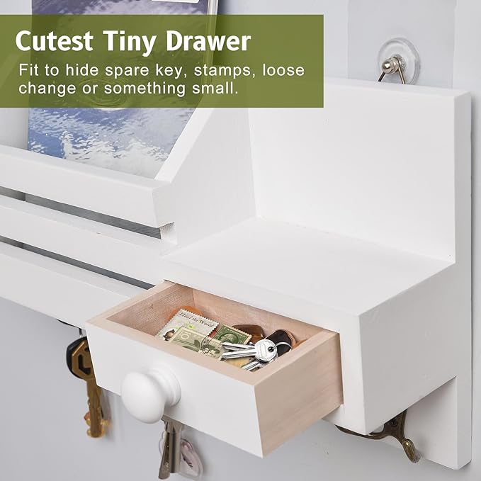 Key Holder Wall Mount, Wooden Adhesive Mail and Key Organizer with Drawer, Small Shelf, 8 Hooks, 2 Installation Methods, White