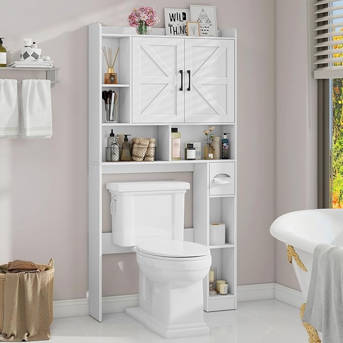 Over The Toilet Storage Cabinet, Farmhouse Storage Cabinet Over Toilet with 2 Barn Door & Toilet Paper Holder Stand,Home Space-Saving Toilet Rack, for Bathroom, Restroom, Laundry