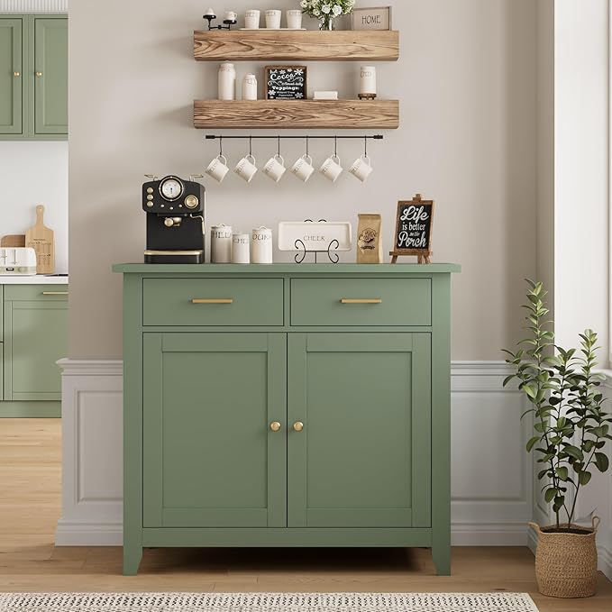 HORSTORS Kitchen Storage Cabinet, Modern Farmhouse Buffet Cabinet with Storage, Coffee Bar with 2 Drawers and 2 Doors, Floor Sideboard Buffet for Living Room, Dining Room, Bathroom, Green