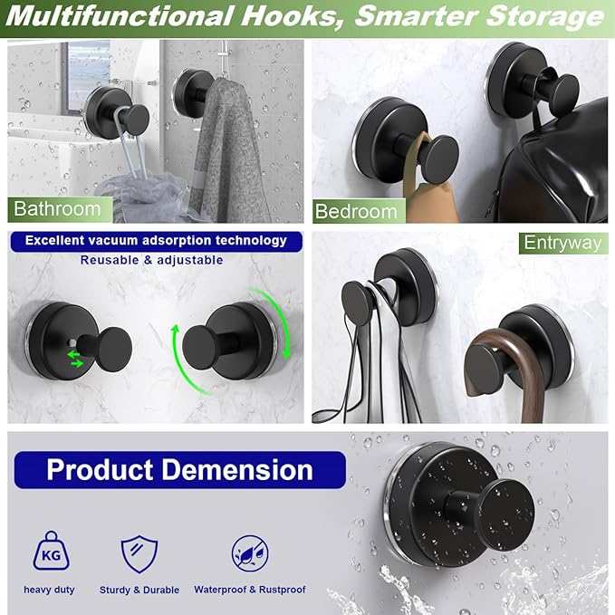 Suction Cup Hooks for Shower, Towel Hooks for Hanging Towels, Robes, Bath Balls, Stainless Steel Shower Hooks for Bathroom Wall, Glass Door, Kitchen, Mirror, Tile (2 Pack,Black)