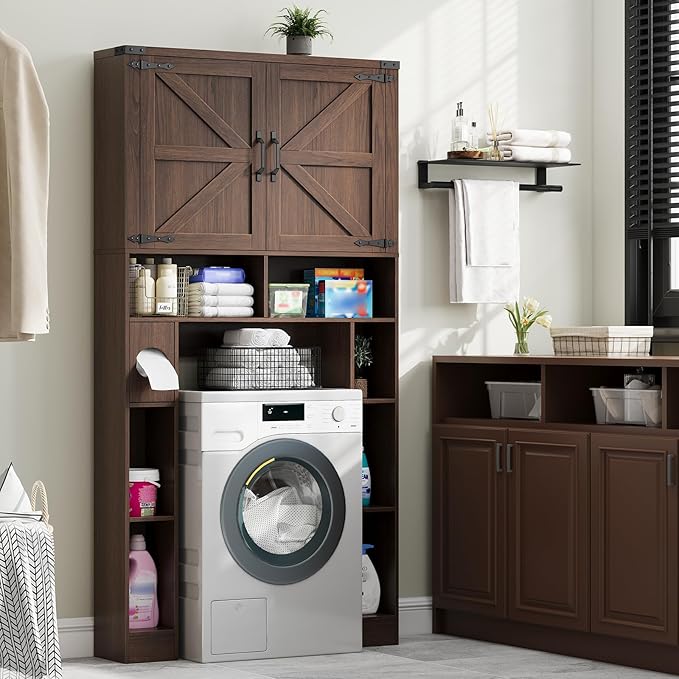 Over The Toilet Storage Cabinet, Farmhouse Storage Cabinet Over Toilet with 2 Barn Doors ,Toilet Paper Holder Stand,Home Space-Saving Toilet Rack, for Laundry, Restroom, Bathroom.Espresso