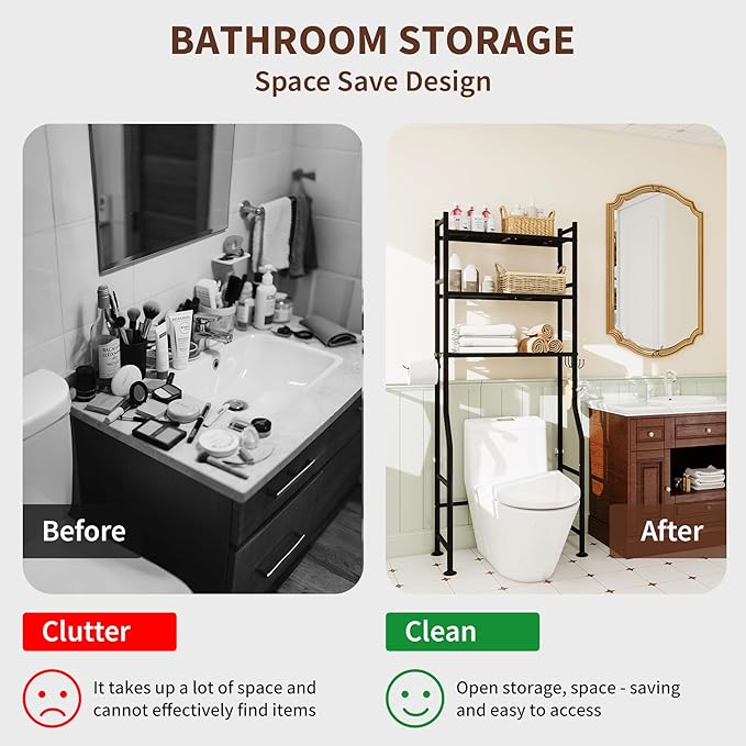 Over The Toilet Storage Rack,3-Tier Over Toilet Bathroom Organizers and Storage with Paper Holder and 4 Hook,Durable and Versatile,Space-Saving Design for Bathrooms/Kitchens/Living Room