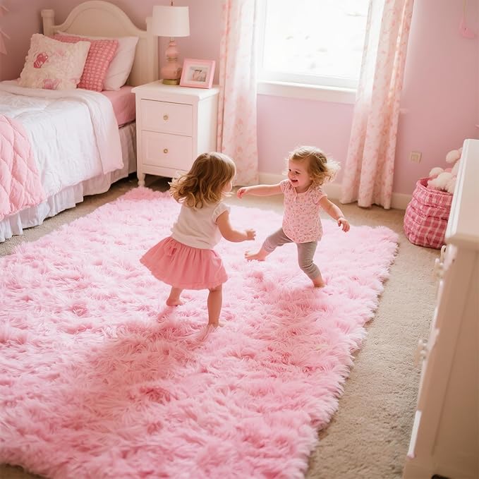 Pink Area Rugs for Girls Bedroom, 9x12 Fluffy Fuzzy Shaggy Carpet for Kids Playroom Nursery Living Room, Thick Soft Plush Mat for Kids Baby Boys Teen Dorm Home Decor Aesthetic