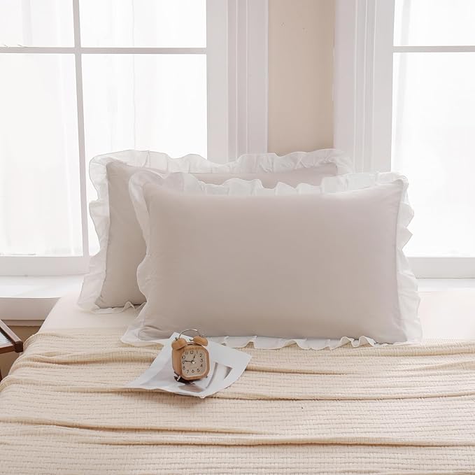 Merryword Beige Pillow Shams Beige and White Reversible Queen Pillowcases Cute Pillow Cover Set of 2 Soft Shabby Chic Ruffled Pillowcases 2 Pack (Queen (20''x30''), Beige White)