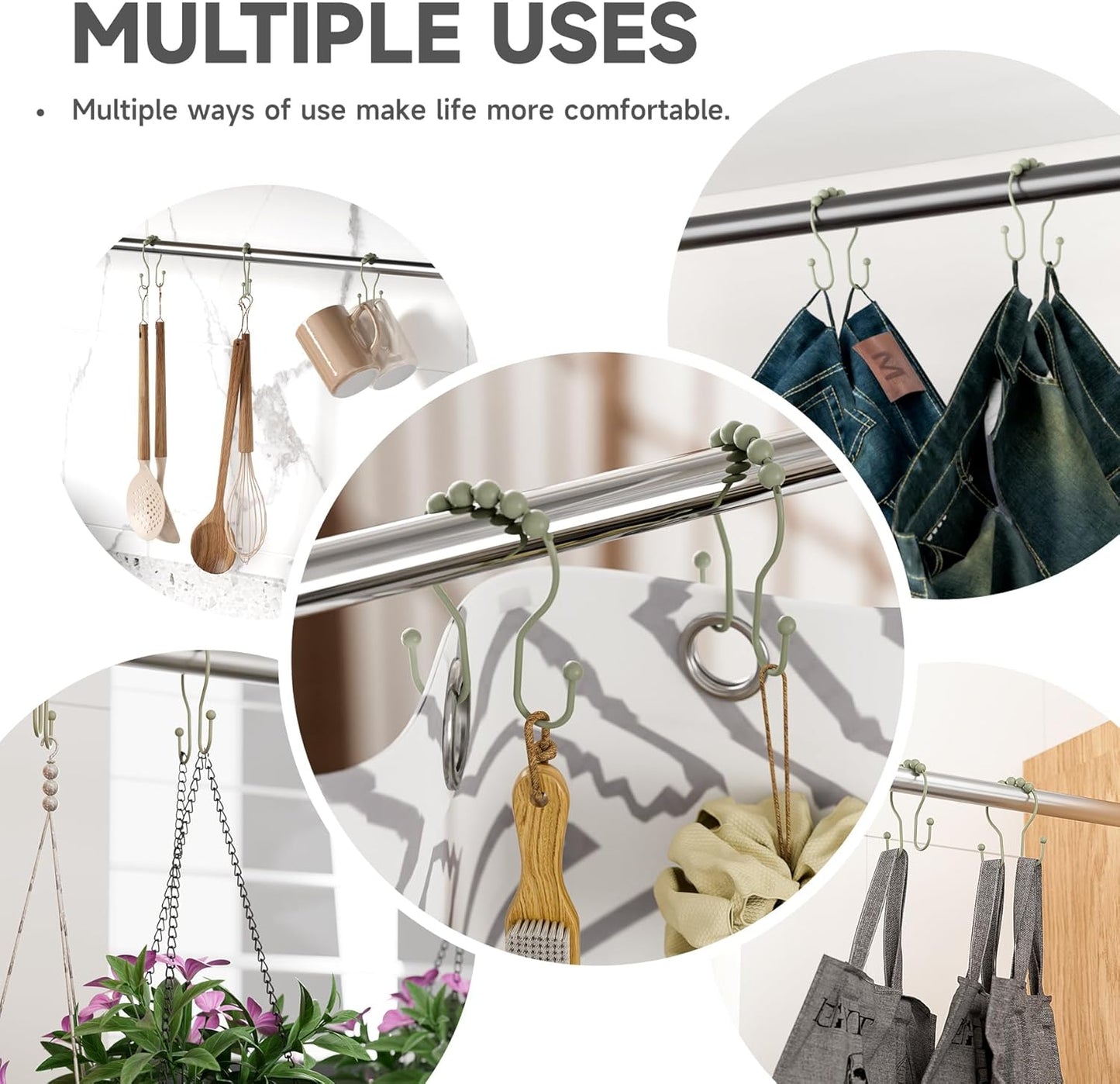 Sage Green Shower Curtain Hooks Shower Curtain Rings Rust Proof Sturdy Metal Double Shower Curtain Hooks, Shower Hooks for Shower Curtain Bathroom Shower Rod Hooks Hangers