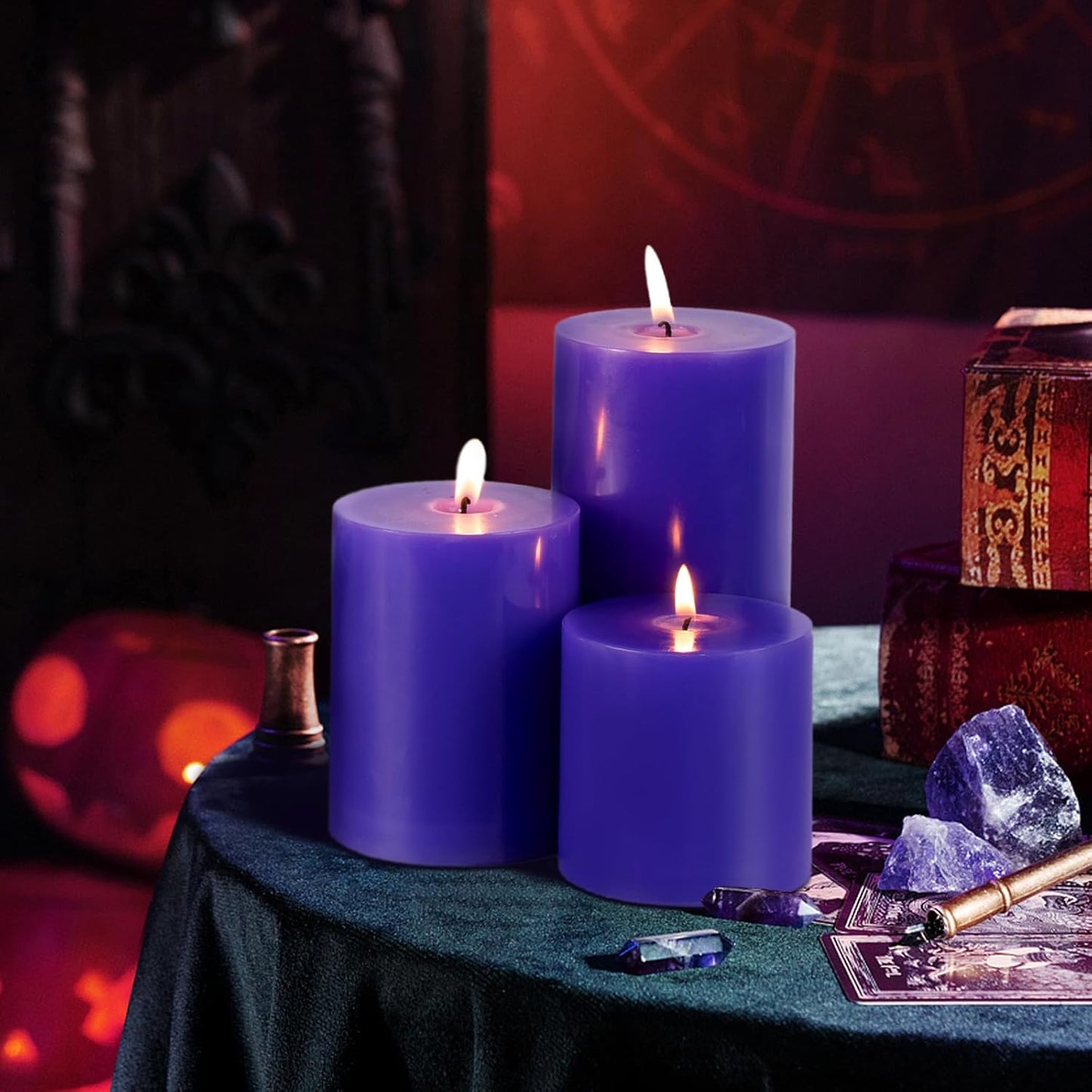 KONNI Violet Pillar Candles Set of 3, 3"x 3" Unscented Pillar Candles Bulk, 30 Hours Long Burning Candles, Smokeless and Dripless Large Round Candle for Wedding, Home Decoration, Parties, Spas, Dinner