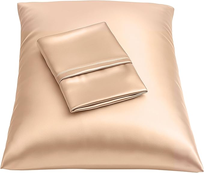 Satin Pillowcase with Zipper, for Hair and Skin Care, Feels Soft and Cool Like a Silk Pillowcase, Satin Pillow Cases 2 Pack, Slik Pillow Cover, Champagne, Queen, Set of 2