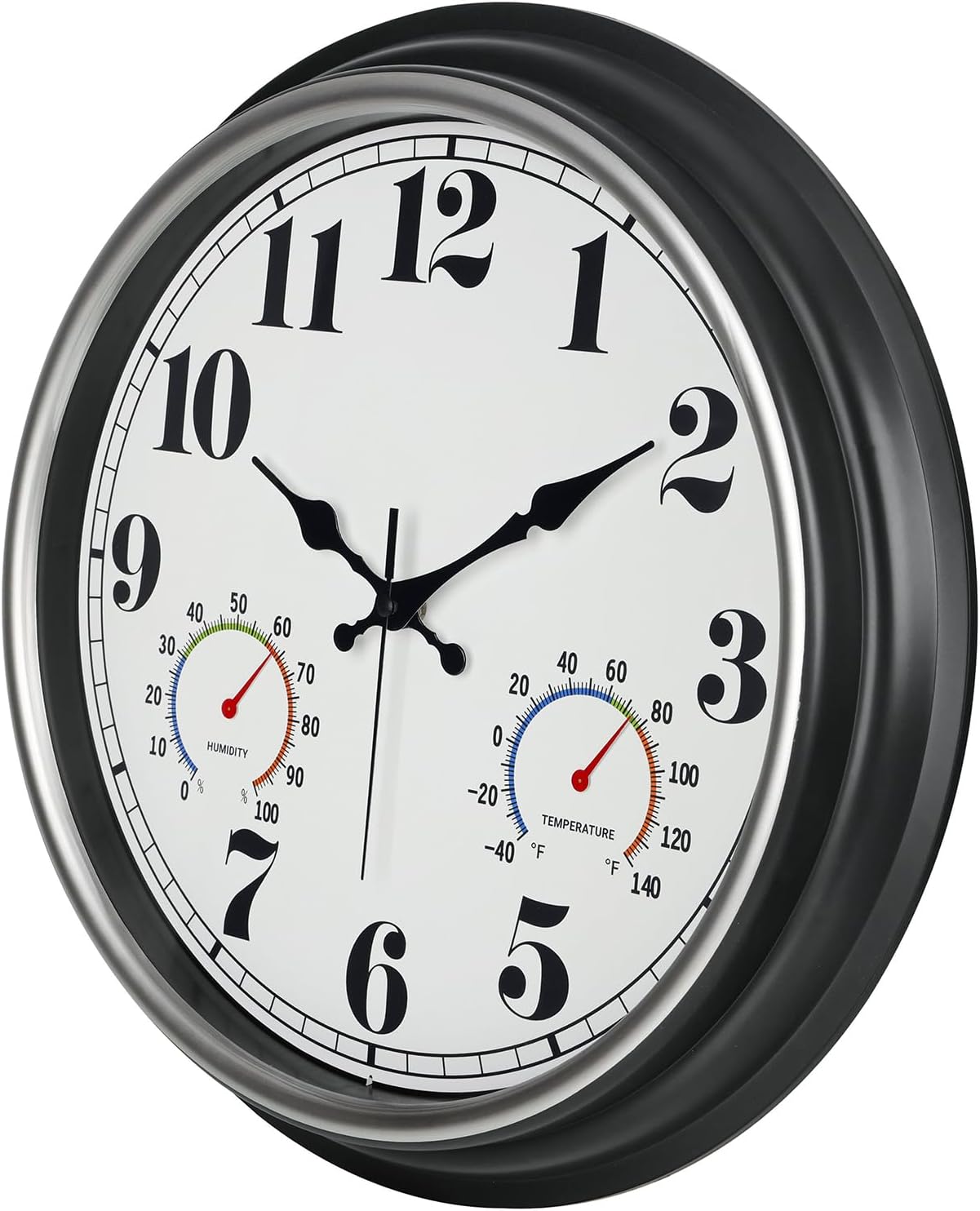 45MinST 16 Inch Silver Vintage Large Indoor/Outdoor Waterproof Wall Clock with Thermometer & Hygrometer, Silent Non-Ticking Quartz Timepiece for Home, Porch, Garden