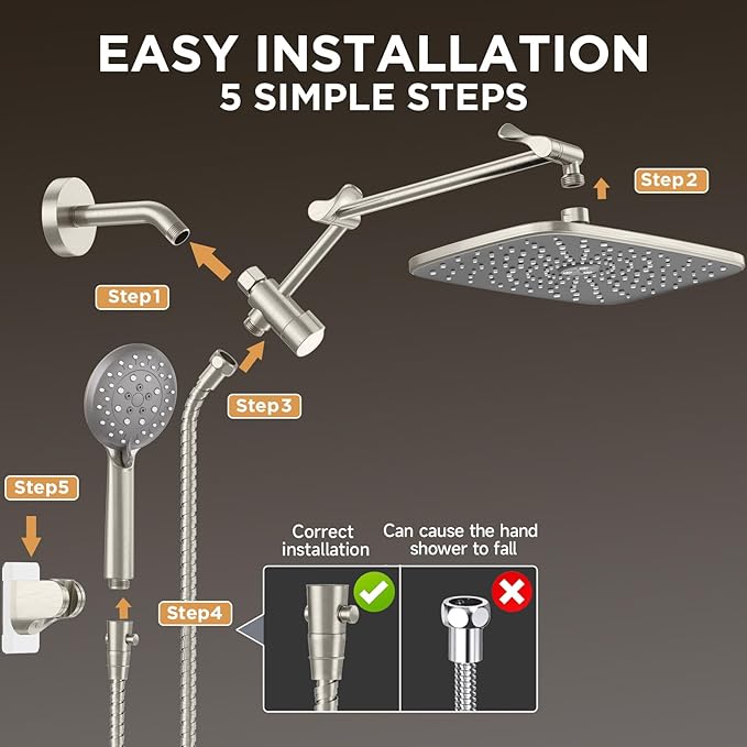 Veken 11.8'' Rain Brushed Nickel Shower Head with Handheld Spray Combo, Extension Arm for Rainfall Showerhead, Muti-modes Massage High Pressure Hand Held Shower Heads with Hose, Anti-Clog Nozzles