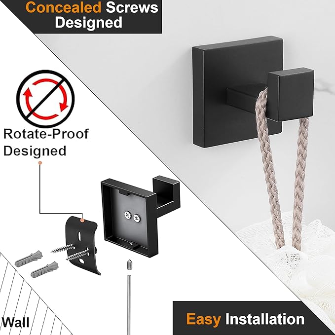 Nolimas 6 Pack Matte Black Towel Hook Stainless Steel Bathroom Rustproof Clothes Towel Coat Hook Wall Mounted Square Toilet Kitchen Heavy Duty Door Hanger