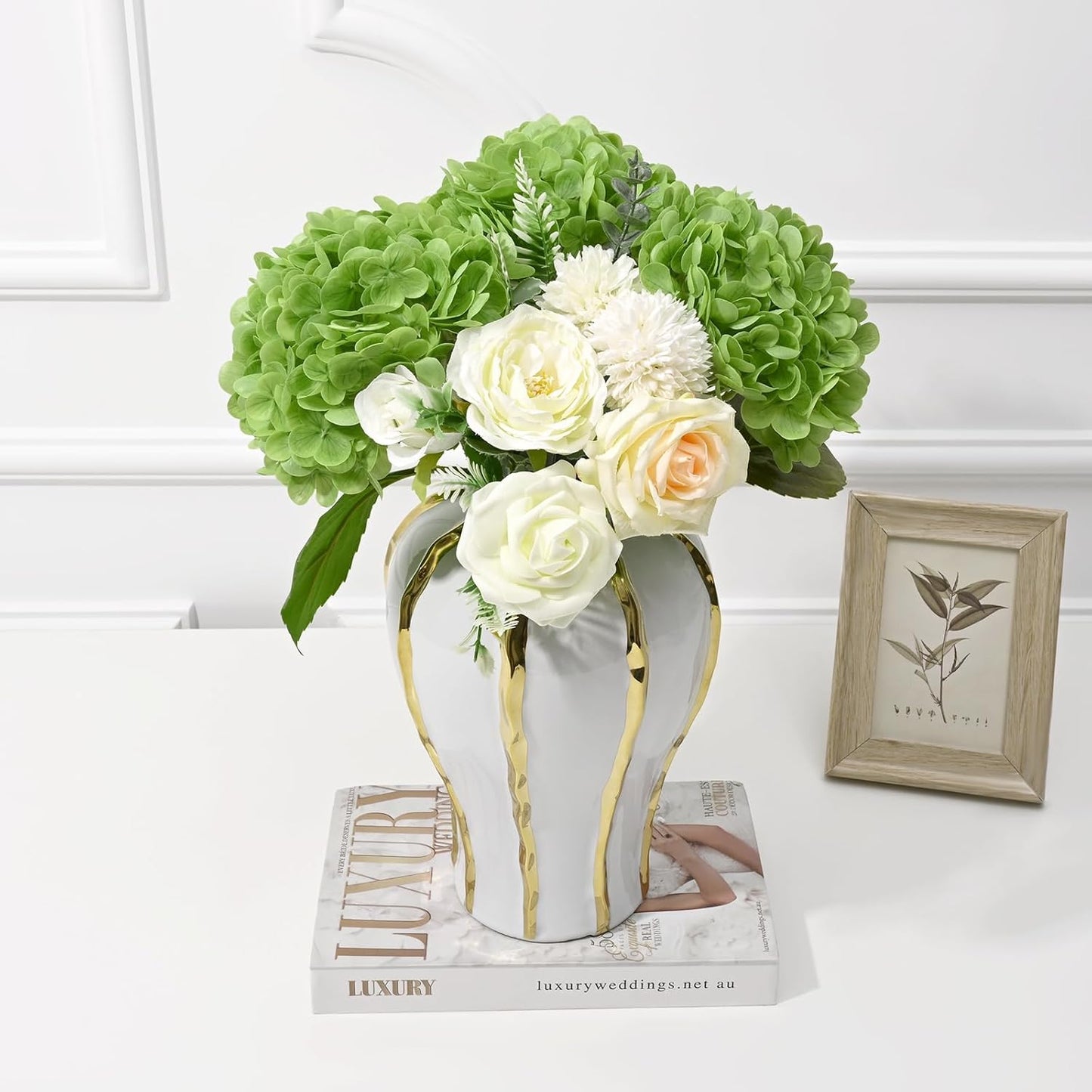 Artflower 4Pcs Real Touch Hydrangea Artificial Flowers, 22.5'' Green Full Latex Faux Hydrangea Flowers for Home Floral Arrangements Wedding Bouquets Kitchen Table Centerpiece Decorations