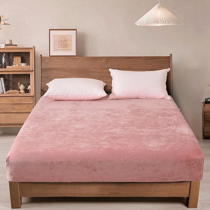 PHF Truly Velvet Fitted Sheet Only King Size, Luxury Super Soft Cozy Fuzzy Fleece Bottom Sheet, Deep Pocket Up to 16",Strenghth Elastic Band, Suitable for Fall Winter Spring, No Pillowcases, Pink