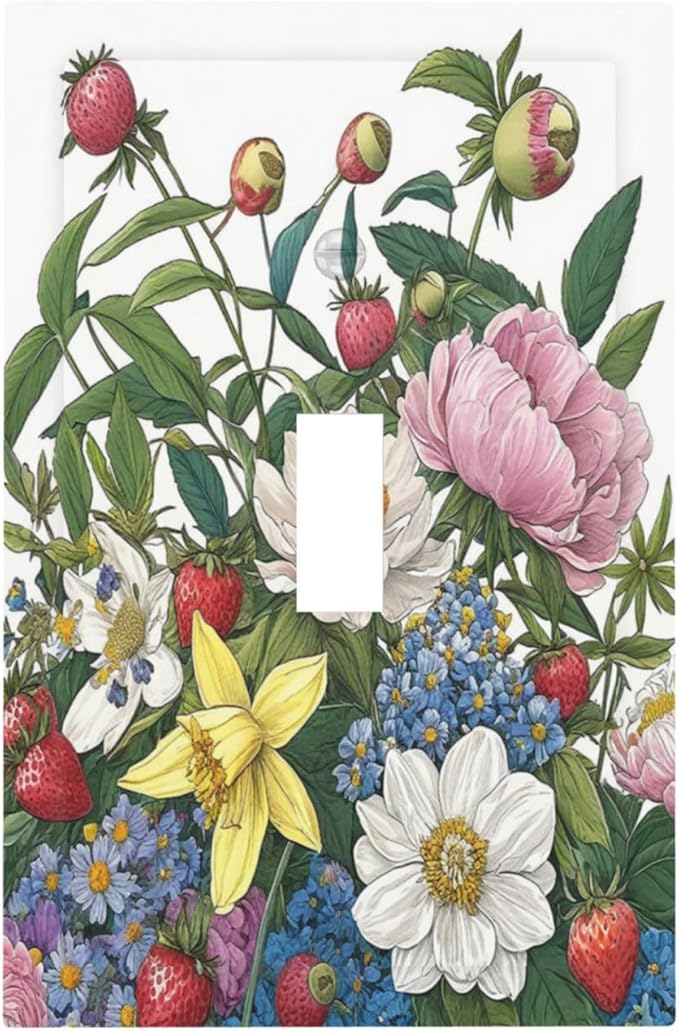 Spring Watercolor Flower Plant Strawberry Peony Floral Decorative Light Switch Cover 1 Gang Single Toggle Device Electrical Faceplate Switchplates Decorator Outlet Wall Plate for Bedroom living Room