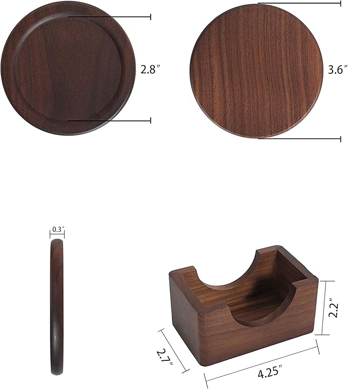 Mu&Ti Two Sets 100% Natural Wood Coaster, Coffee Beer Coaster, Walnut Dark Wood Wonderful Decor for Dining Tables and Office Tables, Holder Included (Black Walnut Two Sets)