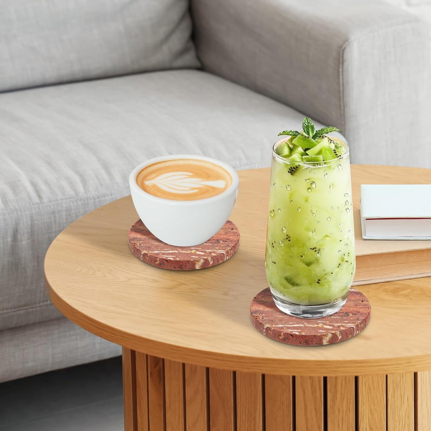 WORHE Marble Coaster for Drinks 4" Diameter Set of 4 Round Travertine Coasters for Home Decor Office Parties Birthday Housewarming Gift, Protect Countertops from Dirty,Sturdy and Tough Red (WH026)