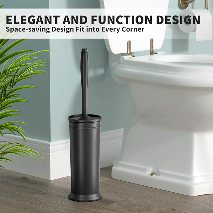 Toilet Brush and Holder 2 Pack, Toilet Bowl Brush with Extra Long Handle, Toilet Scrubber and Covered Holder, Toilet Brushes for Bathroom-Space Saving, Covered Brush, Durable, Deep Cleaning(Black)