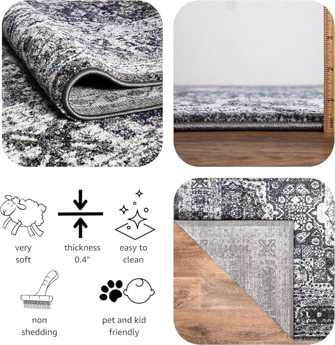 Keen Home Design Area Rugs - Non-Shedding, Thick Pile Abstract Rugs for Kitchen, Living Room, Bedroom, Dining Room, Entryway (Medallion Grey/Blue/Cream, 2'8'' x 7'7'')