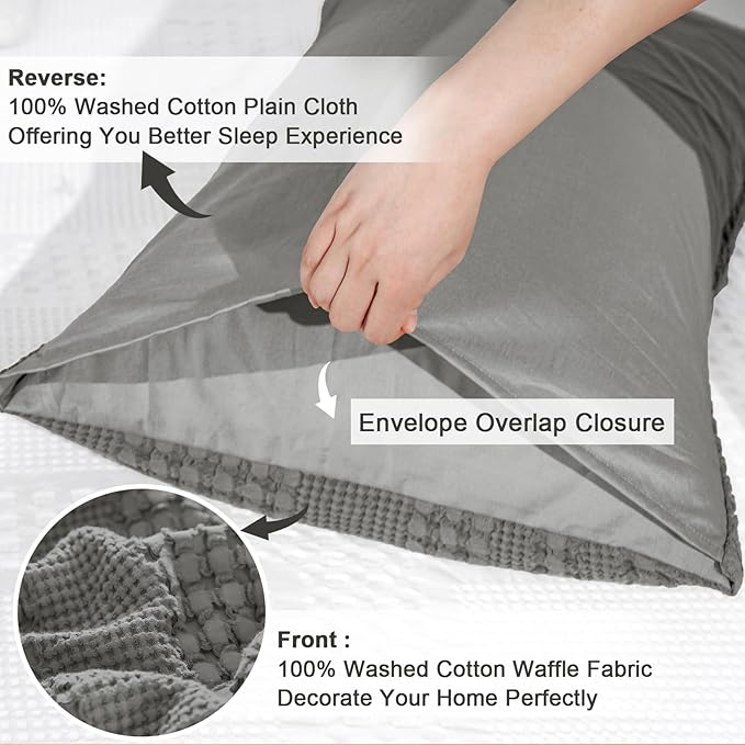 PHF 100% Cotton Waffle Pillow Shams Queen Size, 2 Pack 20" x 30" Soft Skin-Friendly Pillowcases, No Filling, Aesthetic Woven and Breathable Waffle Weave Pillow Case Covers for Bed, Dark Grey