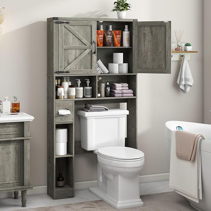 Over The Toilet Storage Cabinet, Farmhouse Storage Cabinet Over Toilet with Barn Doors & Toilet Paper Holder Stand,Home Space-Saving Toilet Rack, for Laundry, Bathroom, Restroom.Grey Oak