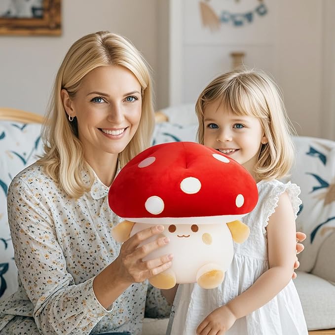 Mushroom Plush Toys 12 inch Cute Stuffed Mushroom Pillow Stuffed Toy Birthday Present Home Decor Halloween for Kids (Red)