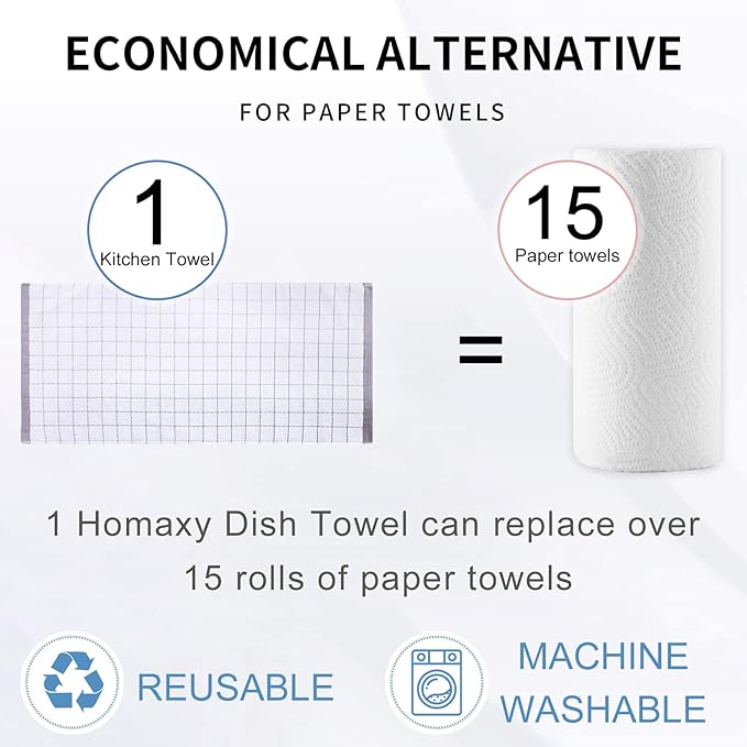 Homaxy 100% Cotton Terry Kitchen Towels(White, 13 x 28 inches), Checkered Designed, Soft and Super Absorbent Dish Towels, 12 Pack