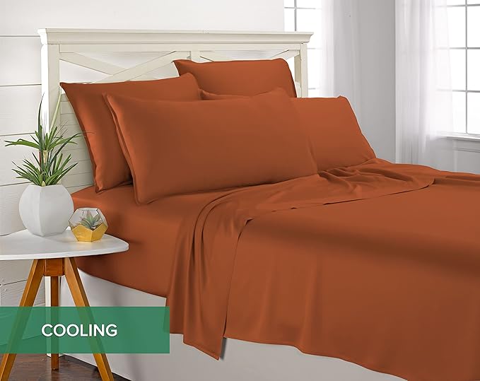 Split King Sheets by Pure Bamboo, Genuine 100% Organic Viscose Derived from Bamboo Bed Sheet Set, Soft & Cooling, Double Stitching *Not for Split Top (Split King, Terracotta)
