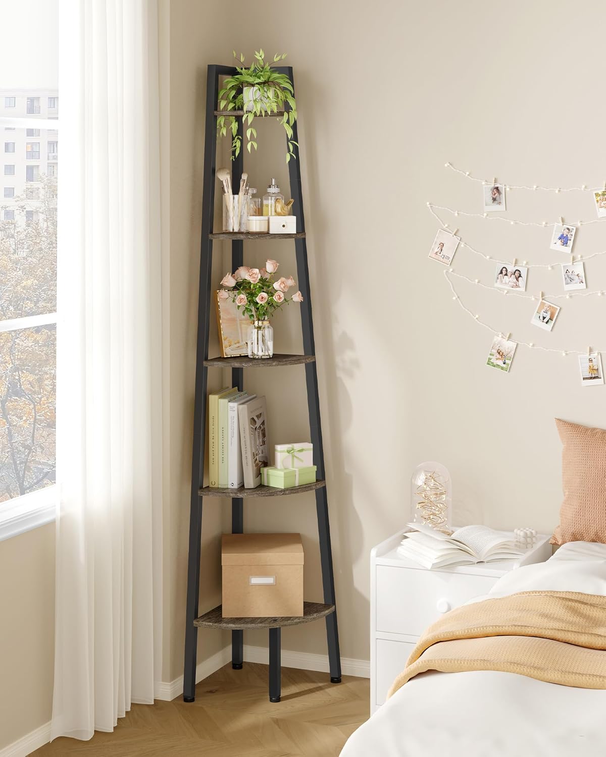 Hoctieon Corner Shelf, 5-Tier Corner Bookshelf, Rustic Ladder Shelf, Industrial Display Stand for Living Room, Kitchen, Home Office, Balcony, Small Space, Metal Frame, Grey