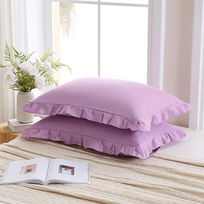 Merryword Lavender Purple Pillow Shams Light Purple Ruffle Standard Pillowcases Cute Pillow Cover Set of 2 Shabby Chic Soft Microfiber Pillowcases 2 Pack