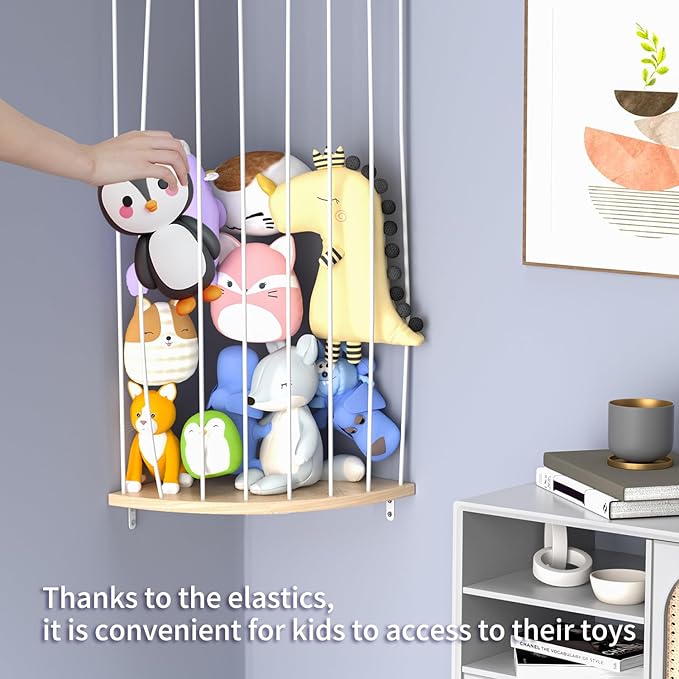 Stuffed Animal Storage & Toy Storage Organizer – Wooden Corner Hammock Shelf for Stuffed Animal Hammock Corner, Nursery, Playroom, Bedroom. Versatile Toy Organizer with Zoo Pattern