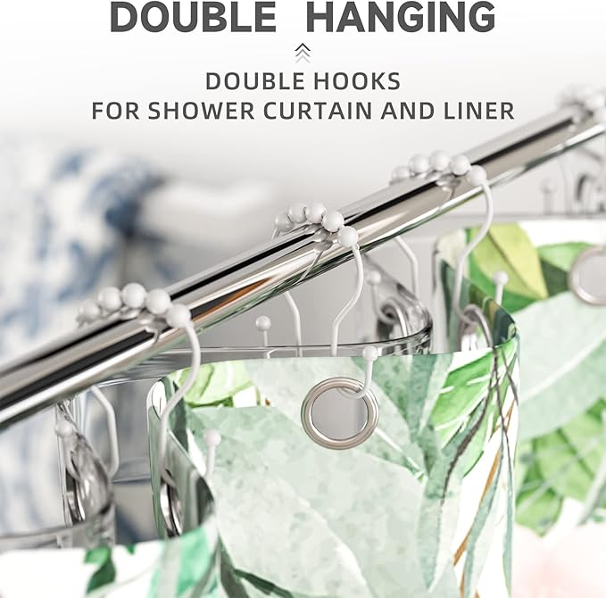 White Shower Curtain Hooks and Rings - Rust Proof, Smooth Glide, Double Hooks, 12 Pcs