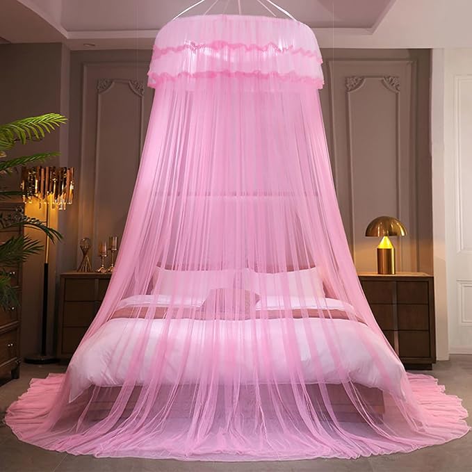 Kertnic Mosquito Net Bed Canopy for Girls, Princess Canopy Bed Curtain Fine Sheer Mesh Dome Bed Canopies, Kids & Adults Lace Tent for Twin Full Queen King Bed (Pink)