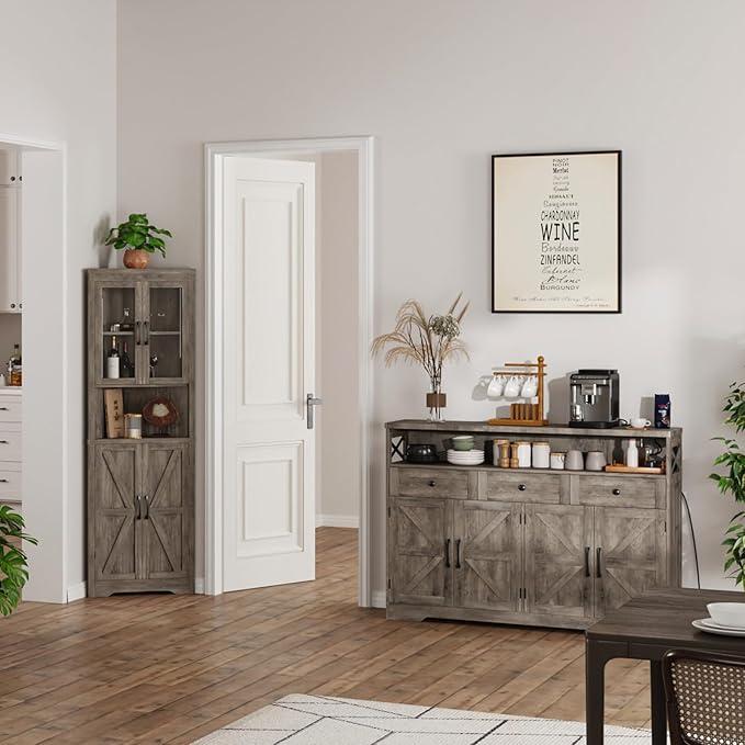 51" Farmhouse Buffet Sideboard with Storage, Kitchen Pantry Cabinet with Storage Drawers, Wood Cupboard Hutch, Coffee Bar Station Table for Kitchen, Living Room, Dining Room, Grey
