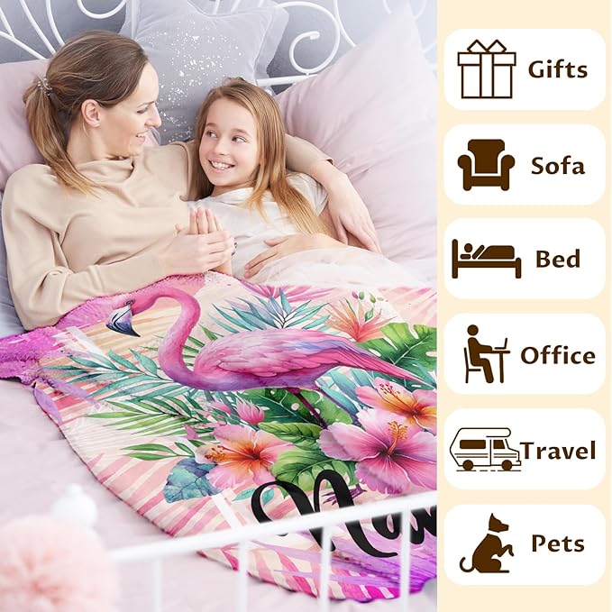 Kids Blanket for Girls Adults Personalized Flamingo Blanket for Gift, Custom Cute Warm Cozy Throw for Living Room Bed Sofa Camping
